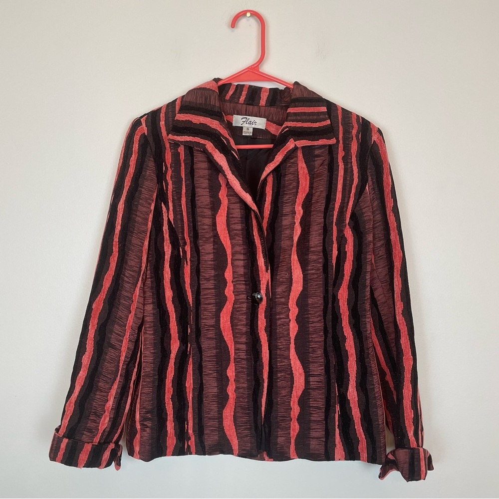 Vintage Flair Women’s Blazer Jacket Small Red Black Striped Sparkle Retro